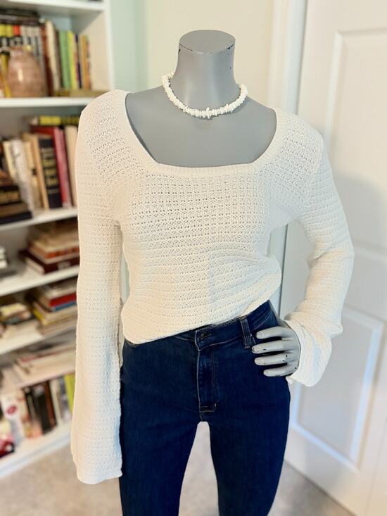 Hollister Sweaters - Hollister Crop Sweater Women L White Crochet Open Knit Square Neck Y2K Boho Top